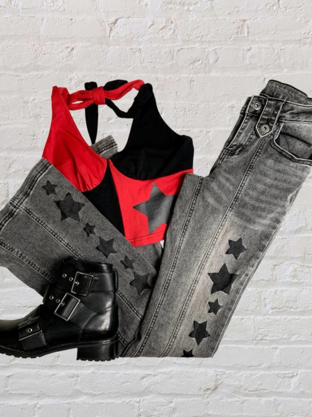 Social Collision Grey Graphic Star Print Low-Rise Retro Flare Jeans- 5
